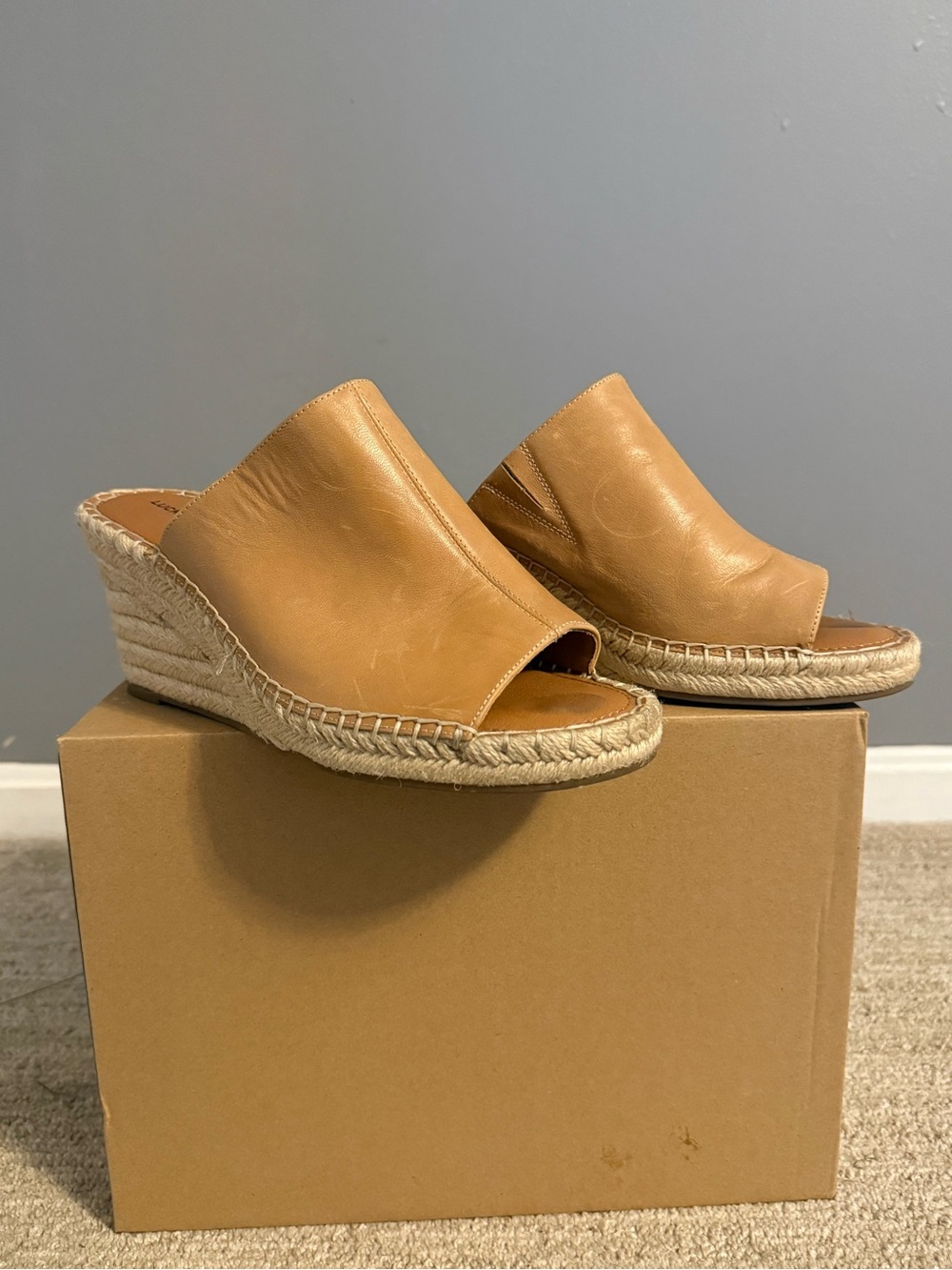 Lucky Brand Tan Leather Espadrille Wedge Slides